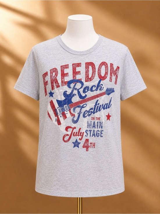 Celebrate Patriotic Other - Freedom Rock Festival Men’s XL Cotton Graphic Tee - Red & Blue on Heather Gray